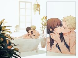 Rule 34 | 1boy, 1girl, artist name, bathing, bathtub, blush, brown hair, closed eyes, closed mouth, completely nude, facing back, hand on another&#039;s neck, hetero, highres, husband and wife, indoors, jewelry, kiss, long hair, maiii (smaii i), mixed-sex bathing, multiple views, nude, one eye closed, plant, ring, shared bathing, sitting, smile, spy x family, steam, twilight (spy x family), window, yor briar