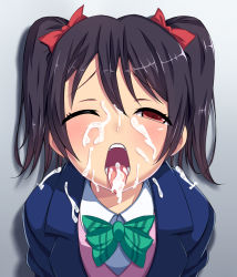 Rule 34 | 10s, 1girl, black hair, blazer, bow, bukkake, censored, cum, cum in mouth, cum on tongue, facial, hair bow, highres, jacket, love live!, love live! school idol project, mosaic censoring, natsumyun, open mouth, red eyes, school uniform, short hair, solo, tongue, tongue out, twintails, wince, yazawa nico