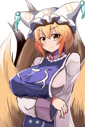 Rule 34 | 1girl, animal ears, arms under breasts, blonde hair, blue tabard, blush, breasts, closed mouth, commentary request, dress, fox ears, fox tail, frills, huge breasts, leon no neko, light smile, multiple tails, short hair, simple background, solo, tabard, tail, touhou, upper body, white background, white dress, yakumo ran, yellow eyes