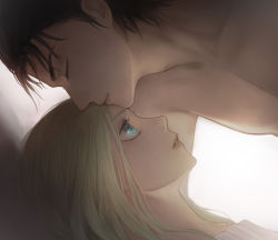 Rule 34 | aged up, aqua eyes, black hair, blonde hair, closed eyes, closed mouth, clothed female nude male, collarbone, eren yeager, eyelashes, from side, hetero, highres, kiss, kissing forehead, krista lenz, light smile, lips, nude, parted lips, portrait, profile, shingeki no kyojin, white background, yaoko