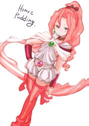 Rule 34 | 1girl, aged up, belt, blush, bow, breasts, cape, choker, closed mouth, dress, earrings, final fantasy, final fantasy iv, final fantasy iv: the after years, hair bow, highres, jewelry, leotard, long hair, looking at viewer, pink hair, ponytail, porom, puddinghomhom, simple background, skirt, small breasts, solo, thighhighs, white background