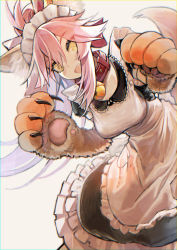 Rule 34 | 1girl, absurdres, alternate costume, an skill, animal ear fluff, animal ears, animal hands, apron, bell, breast press, breasts, cat paws, collar, enmaided, fang, fate/grand order, fate (series), fox ears, fox girl, fox tail, gloves, hair ribbon, highres, jingle bell, large breasts, long hair, looking at viewer, maid, neck bell, open mouth, paw gloves, pink hair, ponytail, red ribbon, ribbon, simple background, solo, tail, tamamo (fate), tamamo cat (fate), tamamo cat (second ascension) (fate), white background