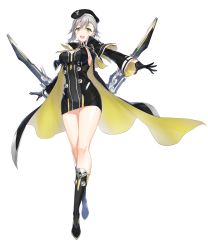 Rule 34 | 1girl, absurdres, asymmetrical bangs, beret, black gloves, boots, breasts, cape, cleavage, closers, dress, full body, gloves, green eyes, hat, highres, long sleeves, medium hair, official art, open mouth, short dress, short hair, silver hair, solo, soma (closers), teeth, transparent background, upper teeth only