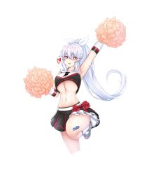 Rule 34 | 1girl, :d, absurdres, arm up, armpits, bandaid, bare shoulders, black shirt, black skirt, breasts, bright pupils, cheerleader, closers, crop top, crop top overhang, cropped legs, floating hair, frilled skirt, frills, hair ribbon, highres, holding, holding pom poms, laei, large breasts, leg up, long hair, looking at viewer, midriff, miniskirt, mirae (closers), navel, open mouth, pleated skirt, pom pom (cheerleading), pom poms, ponytail, red eyes, revealing clothes, ribbon, shirt, shoes, skirt, sleeveless, sleeveless shirt, smile, sneakers, socks, solo, stomach, sweat, transparent background, underboob, very long hair, white hair, white socks