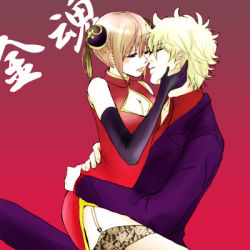 Rule 34 | 1boy, 1girl, blonde hair, blue eyes, breasts, bun cover, china dress, chinese clothes, cleavage, couple, double bun, dress, elbow gloves, formal, garter straps, gintama, gloves, hetero, kagura (gintama), lace, lace-trimmed legwear, lace trim, lowres, aged up, red eyes, red hair, sakata kintoki, suit, thighhighs