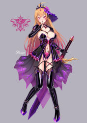 Rule 34 | 1girl, ahoge, arm at side, blonde hair, braid, breasts, cleavage, clothing cutout, corruption, dark persona, earrings, finger to mouth, grey background, hand up, highleg, highres, holding, holding sword, holding weapon, jewelry, knees together feet apart, large breasts, leotard, licking lips, long hair, looking at viewer, navel cutout, navel piercing, nipple piercing, pecorine (princess connect!), piercing, princess connect!, pubic tattoo, puririn, pussy cutout, pussy juice, red eyes, revealing clothes, see-through, shoes, shrug (clothing), simple background, solo, strapless, strapless leotard, sword, tattoo, thighhighs, tongue, tongue out, twitter username, weapon