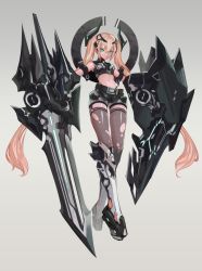 Rule 34 | 1girl, bad id, bad pixiv id, blonde hair, cancell, full body, green eyes, headgear, highres, huge weapon, long hair, mecha musume, midriff, navel, original, shield, shorts, simple background, solo, sword, thighhighs, torn clothes, torn thighhighs, twintails, weapon