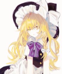 Rule 34 | 1girl, apron, arm support, black hat, blonde hair, bow, bowtie, braid, eyebrows hidden by hair, frilled hat, frills, hair bow, hair over eyes, hair ribbon, hat, hat bow, highres, kirisame marisa, koyomiyoko o, long hair, looking at viewer, looking to the side, parted lips, purple bow, purple bowtie, ribbon, side braid, simple background, single braid, sitting, solo, touhou, tress ribbon, upper body, wavy hair, white apron, white background, white bow, witch hat, yellow eyes