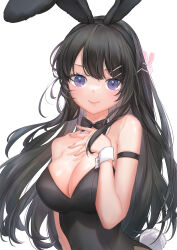Rule 34 | 1girl, animal ears, armband, bare shoulders, black bow, black bowtie, black hair, black leotard, black theme, blue eyes, bow, bowtie, breasts, cleavage, closed mouth, detached collar, eyelashes, fake animal ears, fake tail, fingernails, hair ornament, hairband, hairclip, hand up, highres, large breasts, leotard, lipstick, long hair, looking at viewer, makeup, playboy bunny, purple eyes, rabbit ears, rabbit hair ornament, rabbit tail, sakurajima mai, seishun buta yarou, silentcity, simple background, skindentation, smile, solo, strapless, strapless leotard, tail, traditional bowtie, upper body, white background, wrist cuffs