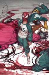 Rule 34 | 1girl, 3boys, alt text, artist name, blood, blood on clothes, carnage (marvel), clenched hand, commentary, corpse, crossover, english commentary, green jacket, highres, in-hyuk lee, jacket, jumpsuit, long tongue, looking up, marvel, multiple boys, open mouth, red jumpsuit, scream (marvel), shirt, spider-man, spider-man (series), squid game, superhero costume, tongue, track jacket, venom (marvel), watermark, web address, white shirt
