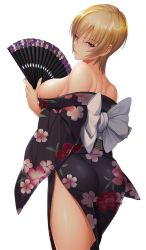 Rule 34 | 1girl, ass, bare legs, bare shoulders, blonde hair, blush, breasts, dress, ear piercing, female focus, floral print, from behind, hand fan, highres, japanese clothes, kimono, large breasts, lips, looking at viewer, looking back, night, night sky, no bra, nobushito kuro, obi, off shoulder, paper fan, piercing, purple eyes, sash, shiny skin, sideboob, simple background, sky, smile, solo, sonia (taimanin asagi), standing, taimanin (series), taimanin asagi kessen arena, yukata