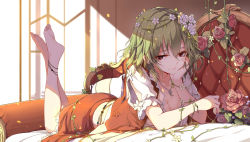 Rule 34 | 1girl, absurdres, anklet, barefoot, breasts, chair, cleavage, closed mouth, collarbone, day, flower, flower wreath, foreshortening, full body, green hair, hair flower, hair ornament, hand on own cheek, hand on own face, highres, indoors, jewelry, kazami yuuka, legs up, looking at viewer, lying, medium breasts, necklace, on stomach, open clothes, open vest, pendant, puffy short sleeves, puffy sleeves, red eyes, red flower, red rose, red skirt, red vest, rose, sam ashton, shirt, short hair, short sleeves, skirt, smile, soles, solo, sunlight, the pose, touhou, vest, white shirt
