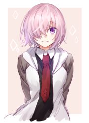 Rule 34 | 1girl, arms behind back, black shirt, border, closed mouth, cropped torso, fate/grand order, fate (series), grey sleeves, hair over one eye, jacket, long sleeves, looking at viewer, mash kyrielight, necktie, open clothes, open jacket, pink background, pink hair, purple eyes, red necktie, shirt, short hair, smile, solo, tooru (jux), white border, white jacket, wing collar