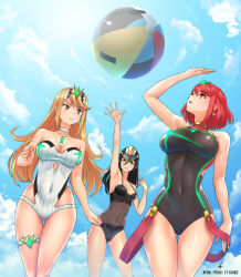 Rule 34 | 3girls, absurdres, adapted costume, afba, arm at side, arm support, armpits, artist name, ball, bare arms, bare shoulders, beachball, black headwear, black one-piece swimsuit, blonde hair, blue sky, breasts, casual one-piece swimsuit, choker, circlet, cleavage, cloud, collarbone, commentary, commission, competition swimsuit, covered navel, day, dual persona, earrings, english commentary, gem, gluteal fold, hair between eyes, hat, highres, impossible clothes, impossible swimsuit, jewelry, large breasts, long hair, looking up, morag ladair (obligatory leave) (xenoblade), morag ladair (xenoblade), multiple girls, mythra (radiant beach) (xenoblade), mythra (xenoblade), nintendo, one-piece swimsuit, orange eyes, outdoors, parted lips, peaked cap, pixiv id, pyra (pro swimmer) (xenoblade), pyra (xenoblade), red eyes, red hair, see-through, signature, sky, small breasts, smile, straight hair, strapless, strapless one-piece swimsuit, striped clothes, striped one-piece swimsuit, sunlight, swept bangs, swimsuit, thigh gap, thigh strap, tossing, v-shaped eyebrows, vertical-striped clothes, vertical-striped one-piece swimsuit, very long hair, white choker, white one-piece swimsuit, xenoblade chronicles (series), xenoblade chronicles 2, yellow eyes