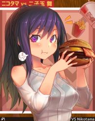 Rule 34 | 1girl, alice gear aegis, bacon, blue bra, blush, bra, character name, closed mouth, drink, eating, egg, eyebrows hidden by hair, food, french fries, burger, hiro763, holding, holding food, looking at viewer, nikotama mai, purple eyes, purple hair, see-through, shirt, signature, sleeveless, sleeveless shirt, solo, underwear