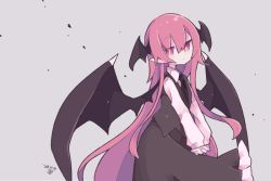 Rule 34 | 1girl, artist name, bat wings, black necktie, black skirt, black vest, bright pupils, commentary, cosmicmind, cowboy shot, dated, grey background, head wings, interlocked fingers, koakuma, long hair, long sleeves, looking at viewer, necktie, own hands clasped, own hands together, pointy ears, red eyes, red hair, shirt, simple background, skirt, solo, touhou, very long hair, vest, white pupils, white shirt, wings