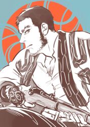 Rule 34 | 1boy, ainu clothes, arisaka, bara, beard, beard stubble, black hair, bolt action, buzz cut, chest hair peek, facial hair, feet out of frame, from side, gold 5610, golden kamuy, greyscale with colored background, gun, holding, holding gun, holding weapon, leg up, long sideburns, looking at viewer, male focus, mature male, official alternate costume, rifle, short hair, sideburns, sideways glance, solo, stubble, tanigaki genjirou, thick eyebrows, very short hair, weapon