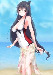 Rule 34 | 10s, 1girl, absurdres, adapted costume, alternate costume, bare arms, bare legs, bare shoulders, black hair, breasts, commentary request, fusou (kancolle), hair between eyes, hair ornament, highres, kantai collection, kikuzunooka, long hair, looking at viewer, red eyes, sarong