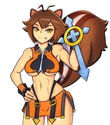 Rule 34 | 1girl, :p, animal ears, bare shoulders, blazblue, breasts, brown hair, crop top, fingerless gloves, gloves, highres, large breasts, makoto nanaya, microskirt, skirt, sleeveless, squirrel ears, squirrel tail, stickiezblue, tail, tonfa, tongue, tongue out, underboob, weapon