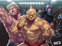 Rule 34 | 3boys, abs, armor, biceps, blonde hair, blue gloves, clenched hand, clenched hands, commentary request, fighting stance, gloves, glowing, glowing eyes, helmet, kinniku suguru, kinnikuman, kinnikuman (character), large pectorals, looking at viewer, male focus, manly, multiple boys, muscular, obui, pectorals, red eyes, robin mask, short hair, signature, star (symbol), terryman, wrestling mask, wrestling outfit, wristband