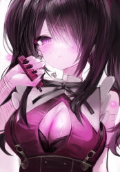 Rule 34 | 1girl, ame-chan (needy girl overdose), black bra, black hair, black nails, black skirt, bra, breasts, cleavage, collared shirt, hair ornament, hair over one eye, highres, holding, large breasts, long hair, nail polish, neck ribbon, needy girl overdose, purple eyes, red shirt, ribbon, scar, scar on arm, self-harm, self-harm scar, shirt, simple background, skirt, solo, suspender skirt, suspenders, sweatdrop, twintails, underwear, upper body, white background, wrist cutting, x hair ornament, yunara