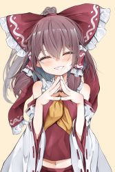 Rule 34 | 1girl, absurdres, ascot, bare shoulders, blush, bow, brown hair, closed eyes, detached sleeves, facing viewer, hair between eyes, hair bow, hair tubes, hakurei reimu, highres, japanese clothes, long hair, navel, nontraditional miko, open mouth, red bow, red skirt, ribbon-trimmed sleeves, ribbon trim, sidelocks, simple background, skirt, smile, solo, steepled fingers, touhou, tsune (tune), upper body, white background, white sleeves, wide sleeves, yellow ascot