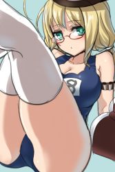 Rule 34 | 10s, 1girl, ahoge, aqua eyes, blonde hair, book, breasts, glasses, hat, i-8 (kancolle), kantai collection, large breasts, long hair, looking at viewer, minarai zouhyou, one-piece swimsuit, school swimsuit, solo, swimsuit, thighhighs
