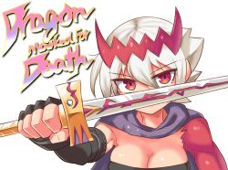 Rule 34 | 1girl, breasts, cleavage, cougar (cougar1404), dragon: marked for death, empress (dmfd), final fantasy, final fantasy ii, gloves, hair ornament, holding, looking at viewer, parody, red eyes, short hair, simple background, solo, strapless, sword, weapon, white background, white hair