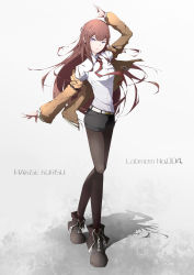 Rule 34 | 1girl, absurdres, arm up, belt, black pantyhose, black shorts, brown hair, brown jacket, character name, collared shirt, dress shirt, floating hair, full body, highres, jacket, pantyhose under shorts, long hair, long sleeves, looking at viewer, makise kurisu, necktie, open clothes, open jacket, pantyhose, red necktie, shadow, shirt, short shorts, shorts, simple background, solo, standing, steins;gate, user dmmt3227, very long hair, white background, white belt, white shirt, wing collar
