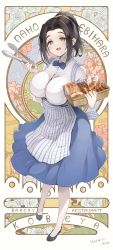 Rule 34 | 1girl, :d, apron, basket, black hair, blue skirt, blush, bow, bowtie, bread, breasts, character name, dress, ebihara naho, floral print, food, full body, hair ornament, hair scrunchie, highres, holding, holding basket, holding tongs, idolmaster, idolmaster cinderella girls, large breasts, max (mhn max), open mouth, parted bangs, pinafore dress, plaid, plaid apron, ponytail, scrunchie, skirt, sleeveless, sleeveless dress, smile, solo, tongs