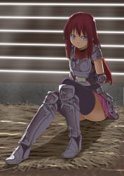 Rule 34 | &gt;:), 1girl, armor, armored boots, arms behind back, black thighhighs, boots, bound, bound wrists, breastplate, closed mouth, dappled sunlight, elbow pads, full body, grey footwear, hay, indoors, looking at viewer, original, panties, pantyshot, pink panties, pink skirt, pleated skirt, purple eyes, red hair, shimotsuki iko, shoulder pads, sitting, skirt, solo, sunlight, thighhighs, tied up, underwear, upskirt, v-shaped eyebrows