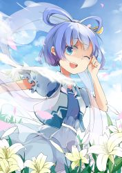 Rule 34 | 1girl, ;d, absurdres, bad id, bad pixiv id, blue eyes, blue hair, dress, easter lily, female focus, flower, hair ornament, hair rings, hair stick, highres, kaku seiga, lily (flower), matching hair/eyes, one eye closed, open mouth, petals, shawl, short hair, smile, solo, sunyukun, touhou, vest, white flower, wink
