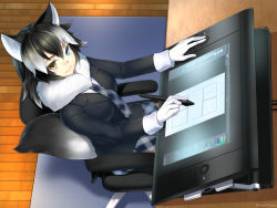 Rule 34 | 10s, 1girl, animal ears, blue eyes, chair, drawing, drawing tablet, fur, fur trim, gloves, grey wolf (kemono friends), heterochromia, highres, indoors, kemono friends, looking at viewer, looking up, multicolored hair, necktie, pleated skirt, ryou@ryou, sitting, skirt, smile, stylus, tablet pc, tail, two-tone hair, wolf ears, wolf tail, wooden floor, yellow eyes