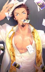 Rule 34 | 1boy, beard, blue eyes, brown hair, facial hair, fate/grand order, fate (series), hand on headwear, hat, konugi221b, long sideburns, looking at viewer, male focus, muscular, napoleon bonaparte (fate), official alternate costume, open clothes, pectorals, poker, scar, scarf, sideburns, simple background, smile, solo, upper body