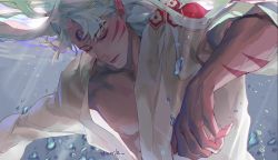 Rule 34 | 1boy, air bubble, artist name, bubble, closed mouth, commentary, closed eyes, facial mark, forehead mark, inuyasha, long hair, male focus, mmmilk, open clothes, open shirt, pectorals, pointy ears, sesshoumaru, shirt, underwater, upper body, whisker markings, white hair, white shirt