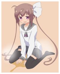 Rule 34 | 1girl, black thighhighs, blush, border, brown hair, collarbone, fang, female focus, fizu, flat chest, full body, grey sailor collar, grey skirt, hair ribbon, highres, long hair, long sleeves, miniskirt, momochi tamate, open mouth, orange background, peeing, peeing self, pleated skirt, puddle, purple eyes, ribbon, sailor collar, school uniform, serafuku, shirt, simple background, sitting, skin fang, skirt, slow start, smile, solo, steam, sweat, thighhighs, twintails, very long hair, wariza, wet, wet clothes, white border, white ribbon, white shirt