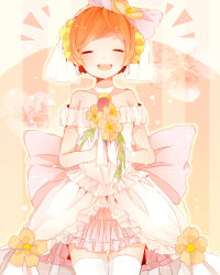 Rule 34 | 10s, 1girl, bare shoulders, blush, choker, closed eyes, dress, earrings, facing viewer, flower, frilled dress, frills, hair flower, hair ornament, holding, holding flower, hoshizora rin, jewelry, kumahara, love live!, love live! school idol festival, love live! school idol project, love wing bell, microphone, open mouth, orange hair, own hands together, short hair, short sleeves, smile, solo, star (symbol), thighhighs, veil, wedding dress, white dress, white thighhighs