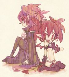 Rule 34 | 1boy, 1girl, brother and sister, choker, demon boy, demon girl, demon tail, demon wings, disgaea, disgaea d2, earrings, etna (disgaea), jewelry, kazamine (stecca), long sleeves, nippon ichi, open mouth, pointy ears, red eyes, red hair, scarf, short hair, siblings, sitting, skull, tail, twintails, wings, xenolith