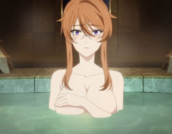 Rule 34 | 1girl, bath, bathing, breasts, brown hair, cleavage, collarbone, completely nude, covering privates, covering breasts, fisch brandel, glasses, highres, large breasts, nude, partially submerged, purple eyes, screencap, sidelocks, solo, stitched, tensai ouji no akaji kokka saiseijutsu, third-party edit, water
