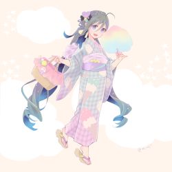 Rule 34 | 1girl, ahoge, bag, braid, checkered clothes, checkered kimono, colis, cotton candy, crown braid, food print, full body, grey eyes, grey hair, hair between eyes, hair ornament, japanese clothes, kantai collection, kimono, kiyoshimo (kancolle), long hair, looking at viewer, low twintails, open mouth, sandals, smile, solo, twintails, very long hair, yukata