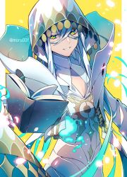 Rule 34 | 1boy, asclepius (fate), book, closed mouth, collar, commentary request, fate/grand order, fate (series), hair between eyes, hood, hood up, light particles, long hair, looking at viewer, male focus, moru, partial commentary, smile, solo, twitter username, type-moon, upper body, very long hair, white eyes, white hair