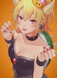 Rule 34 | 1girl, :d, bare shoulders, blonde hair, blush, bowsette, bracelet, breasts, claw pose, cleavage, collar, collarbone, covered navel, crown, dress, earrings, eyebrows, fangs, from side, gradient background, hair between eyes, highres, horns, jewelry, looking at viewer, looking up, mario (series), medium breasts, medium hair, mini crown, monotiina, nail polish, new super mario bros. u deluxe, nintendo, open mouth, orange background, pointy ears, red eyes, red nails, simple background, smile, solo, spiked collar, spiked shell, spikes, strapless, strapless dress, super crown, thick eyebrows, turtle shell