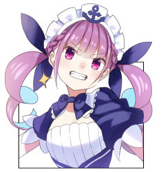 Rule 34 | 1girl, anchor symbol, blue bow, blue bowtie, blue dress, bow, bowtie, braid, colored inner hair, dress, drill hair, french braid, grin, hair ribbon, head tilt, hololive, long hair, looking at viewer, maid, maid headdress, minato aqua, minato aqua (1st costume), multicolored hair, purple eyes, purple hair, ribbon, short sleeves, simple background, smile, solo, sparkle, teeth, tokumaro, twin drills, twintails, upper body, virtual youtuber, white background