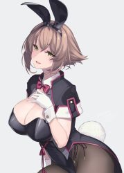 Rule 34 | 1girl, adapted costume, alternate costume, animal ears, black pantyhose, bow, bowtie, breasts, brown hair, capelet, cleavage, fake animal ears, gloves, hand on own chest, highres, kantai collection, large breasts, leotard, looking at viewer, mutsu (kancolle), one-hour drawing challenge, pantyhose, playboy bunny, rabbit ears, rabbit tail, red bow, red bowtie, rokuwata tomoe, short hair, solo, tail, wrist cuffs