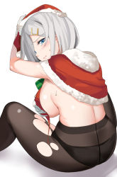 Rule 34 | 10s, 1girl, alternate costume, arm up, back, bikini, bikini top only, black panties, black pantyhose, blue eyes, blush, breasts, capelet, christmas, commentary request, covering breasts, covering privates, crotch seam, embarrassed, from behind, fur trim, hamakaze (kancolle), hat, holding, holding clothes, holding hat, kantai collection, large breasts, leaning forward, looking back, maji (etonato), panties, panties under pantyhose, pantyhose, red bikini, red hat, santa costume, santa hat, shiny skin, short hair, sideboob, silver hair, simple background, solo, sweat, swimsuit, torn clothes, torn pantyhose, underwear, untied bikini, white background