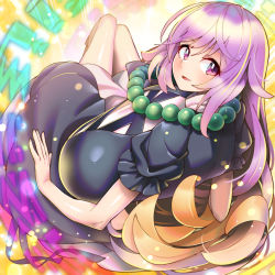 Rule 34 | 1girl, beads, blonde hair, blush, breasts, cross-laced clothes, glance, gradient hair, highres, hijiri byakuren, juliet sleeves, large breasts, long hair, long sleeves, looking at viewer, looking back, lying, multicolored hair, on back, open mouth, pink eyes, prayer beads, puffy sleeves, purple hair, short sleeves, smile, solo, sorcerer&#039;s sutra scroll, touhou, umigarasu (kitsune1963), wavy hair