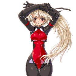 Rule 34 | 10s, 1girl, alternate costume, arnval, bad id, bad pixiv id, blonde hair, blush, breasts, busou shinki, dd (ijigendd), doll joints, joints, long hair, mecha musume, navel, pantyhose, ponytail, red eyes, simple background, solo, thigh gap