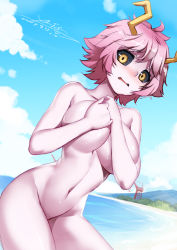 Rule 34 | 10s, 1girl, absurdres, ashido mina, beach, black sclera, blush, boku no hero academia, colored sclera, colored skin, completely nude, covering privates, covering breasts, cowboy shot, day, highres, horns, looking at viewer, navel, nude, open mouth, outdoors, pink hair, pink skin, short hair, signature, solo, thighs, wavy mouth, x-boy, yellow eyes