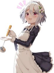 Rule 34 | 1girl, alternate costume, apron, ashinagi (bijutu1), blue dress, blush, dress, enmaided, eyes visible through hair, flower, frilled apron, frilled dress, frills, gloves, hair between eyes, hair flower, hair ornament, highres, holding, holding ladle, kokkoro (princess connect!), ladle, long sleeves, looking at viewer, maid, maid apron, maid headdress, open mouth, pointy ears, princess connect!, puffy sleeves, red eyes, short hair, simple background, smile, solo, standing, white apron, white background, white gloves, white hair