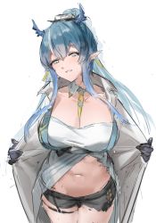 Rule 34 | 1girl, arknights, between breasts, black gloves, black shorts, blue eyes, blue hair, breasts, cleavage, coat, detached collar, dragon horns, earrings, eyebrows hidden by hair, gloves, head tilt, highres, horns, jewelry, large breasts, ling (arknights), long hair, looking at viewer, navel, necktie, necktie between breasts, open clothes, open coat, parted lips, pointy ears, revealing clothes, short shorts, shorts, sidelocks, sketch, smile, solo, stomach, strapless, unitsu, very long hair, white background, white coat, yellow necktie